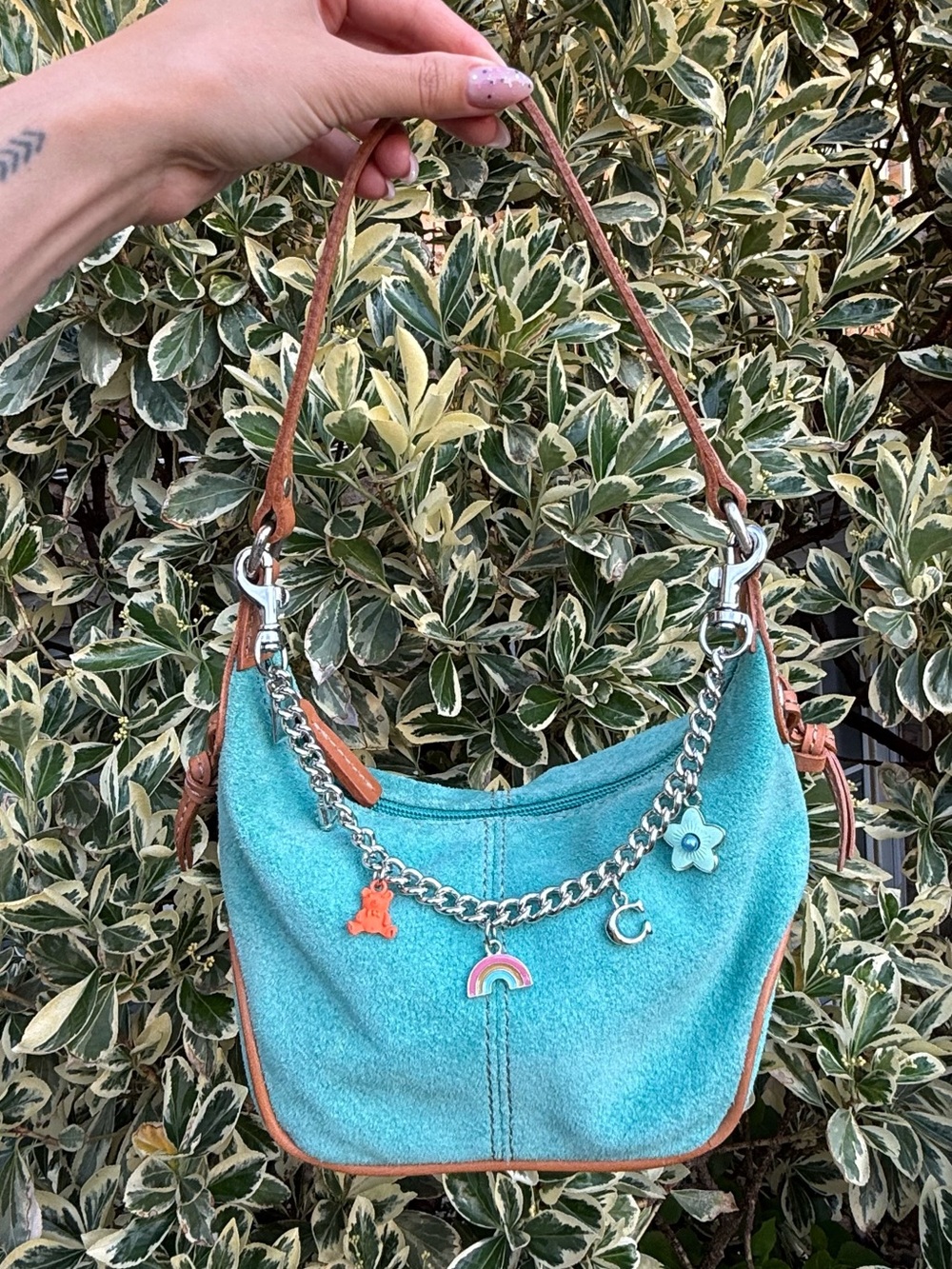 Fossil Teal Suede Y2K Shoulder Bag Metal Chain Strap Mini Hobo Purse